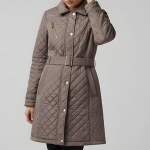 Michael Kors Women's Quilted Belted Hooded Long Coat Anorak Truffle Size L